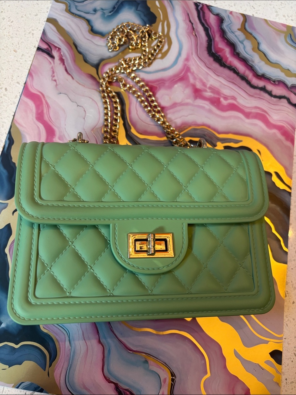 Quilted Sillicone “jelly” flap Green Chain Shoulder Bag with Gold Hardware